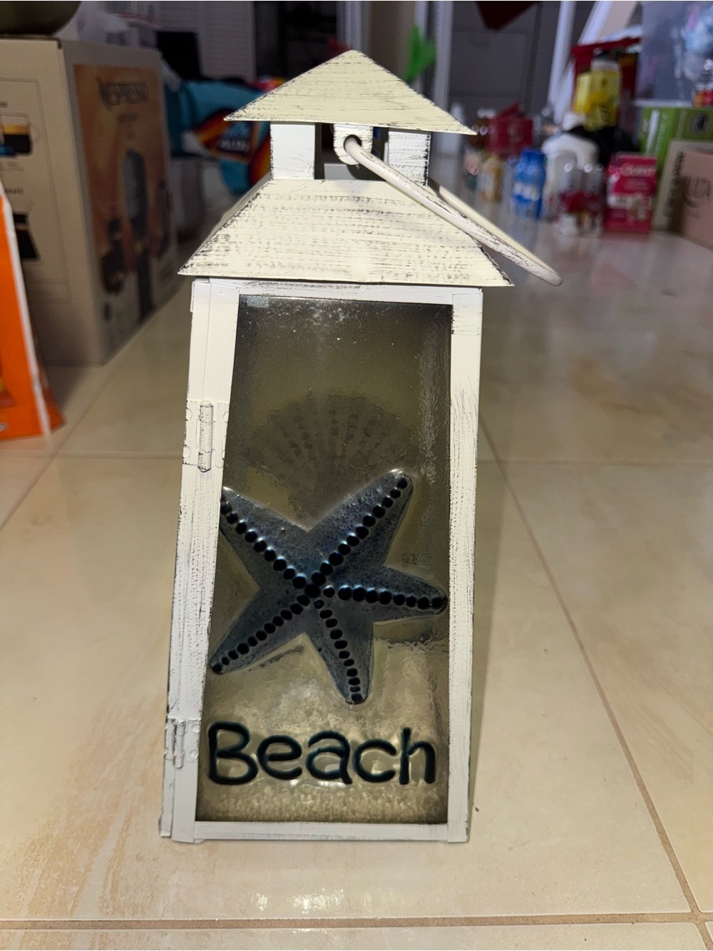 Beach Starfish White Decorative Lantern - Coastal Home Accent